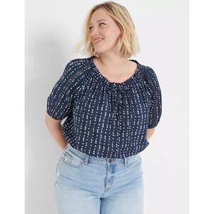 Lane Bryant Pattern Button-Down Elastic-Hem Top Size 30/32 Navy Blue Women NWT